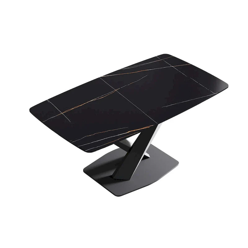 63-Inch Contemporary Dining Table with Slate Stone Surface and Metal Legs, Marble Finish