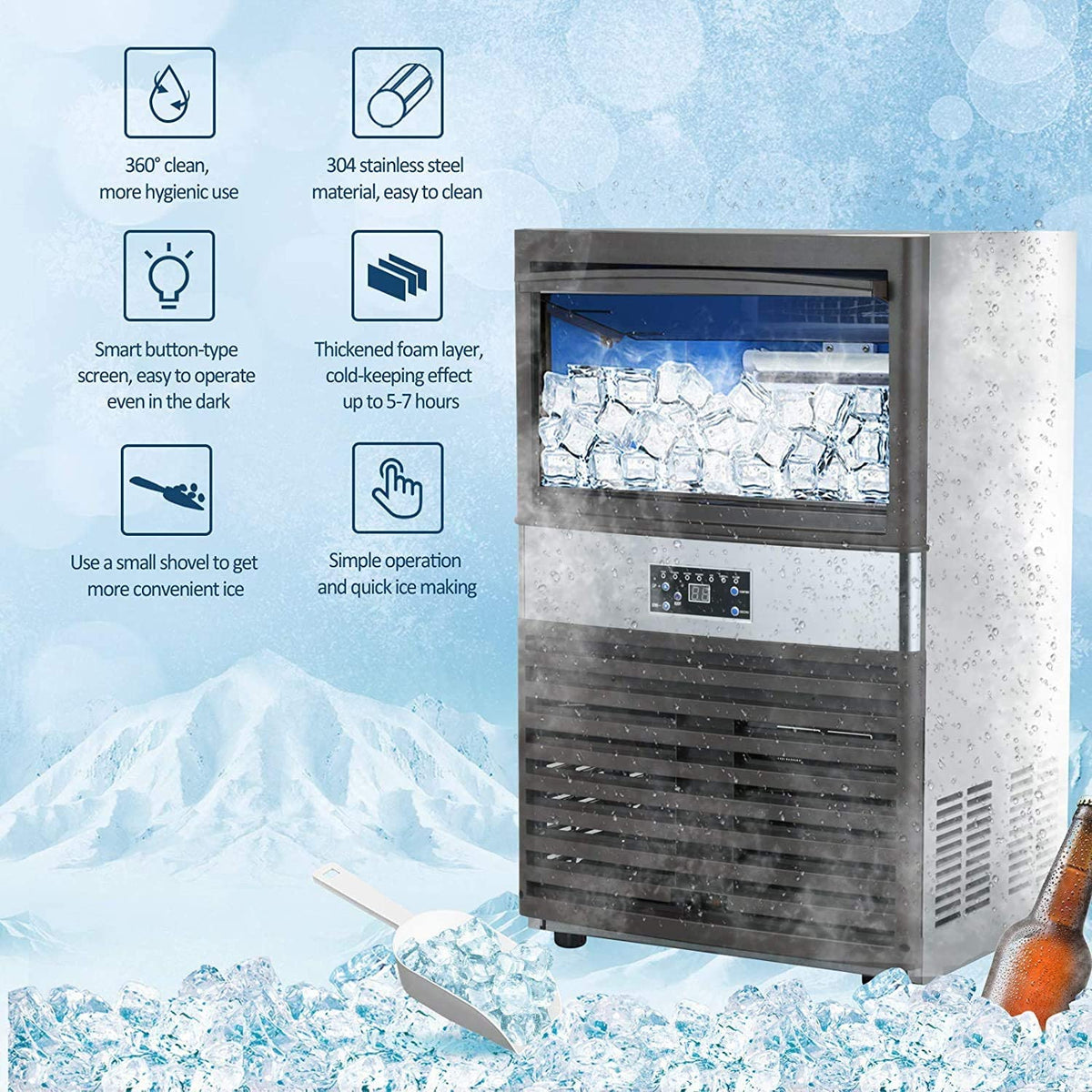 YUTGMasst Commercial Ice – 110LBS/24H Stainless Steel Free-Standing Ice Machine Maker Air Cooling Ice