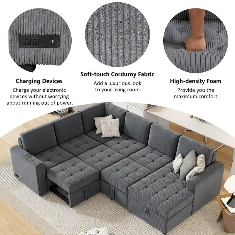Roomfitters U-Shaped Sectional Sofa with Pull-Out Bed, Storage Chaise Lounge, and Integrated Charging Ports for Living Room