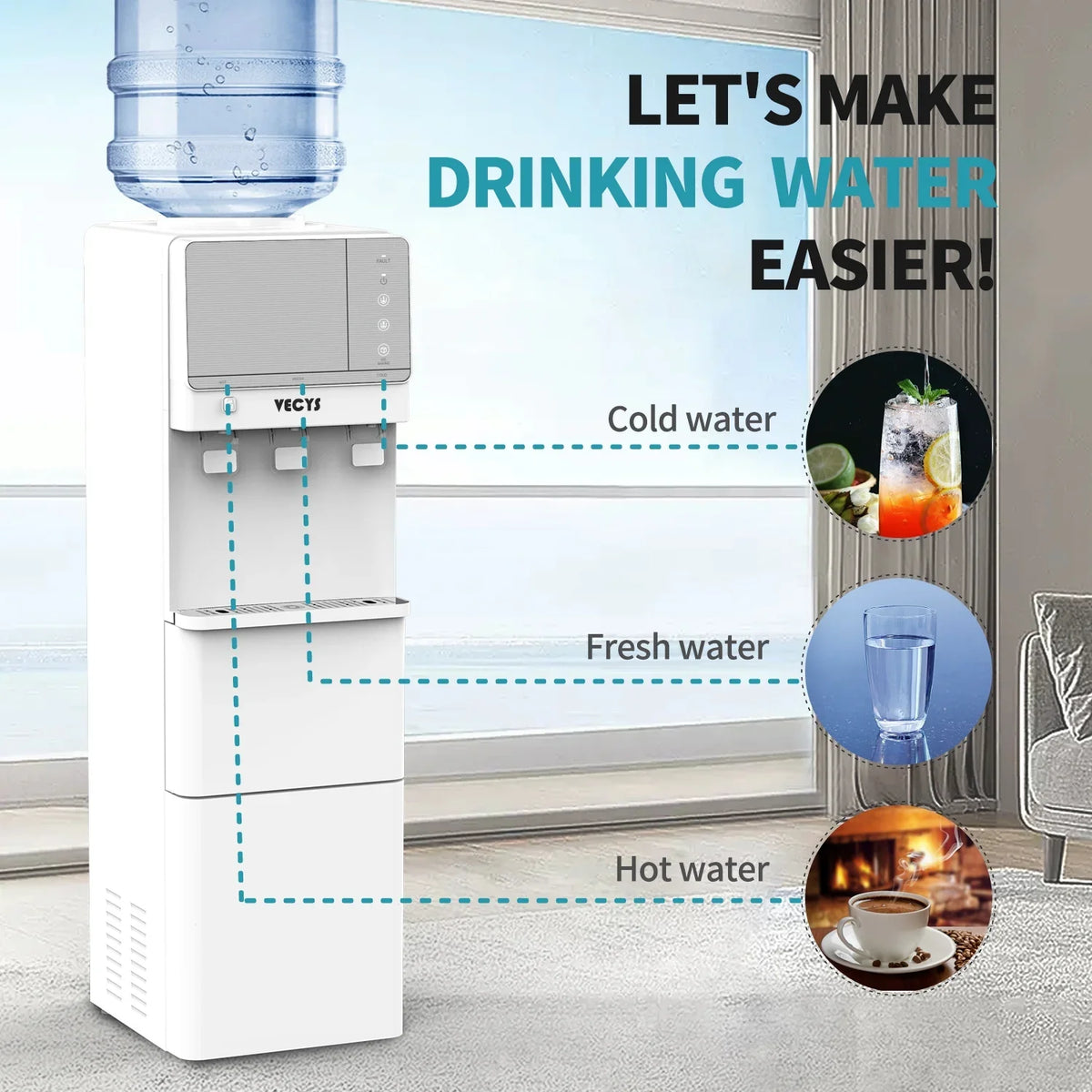 VECYS 3 5 gal Water Dispenser with Ice Maker, 27LBS Daily Ice & Child Lock