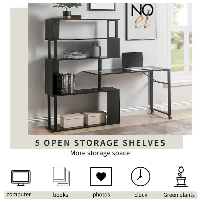 Modern Computer Desk with 5-Tier Shelves – Space-Saving Rotatable Workstation