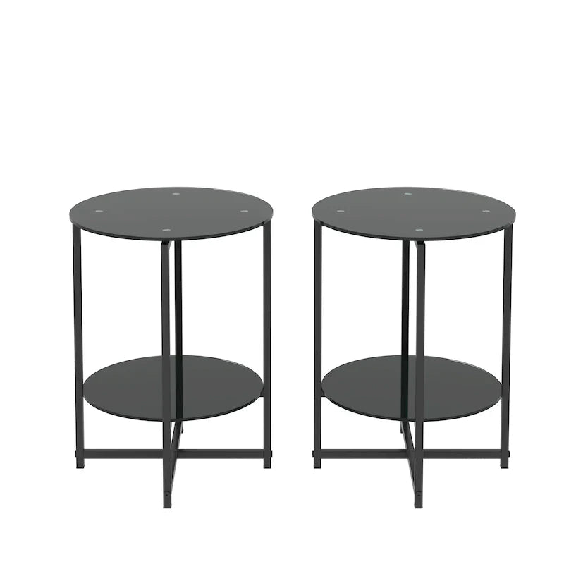 Black 2-Piece Tempered Glass End Table Set - Round Coffee Table for Bedroom, Living Room, and Office