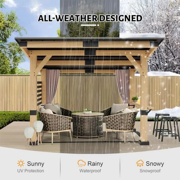 [10x12FT] Heavy Duty Premium Outdoor All-Season Wooden Cedar Hardtop Gazebo With Metal Roof & Back Curtains (SAK57184)