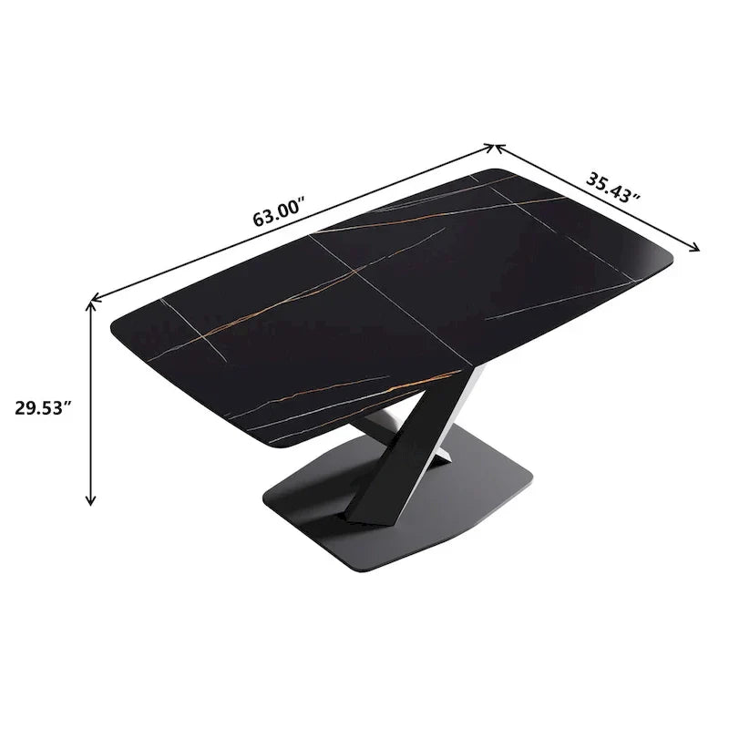63-Inch Contemporary Dining Table with Slate Stone Surface and Metal Legs, Marble Finish