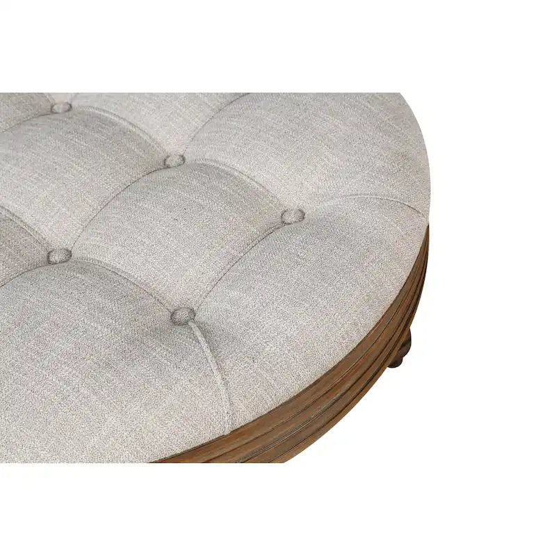 Round Storage Ottoman Coffee Table with Tufted Seat and Wooden Base