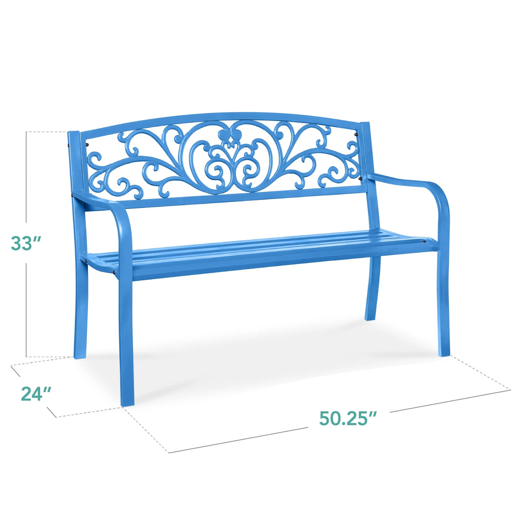 Best Choice Products Outdoor Steel Bench Garden Patio Porch Furniture W/ Floral Design Backrest - Black