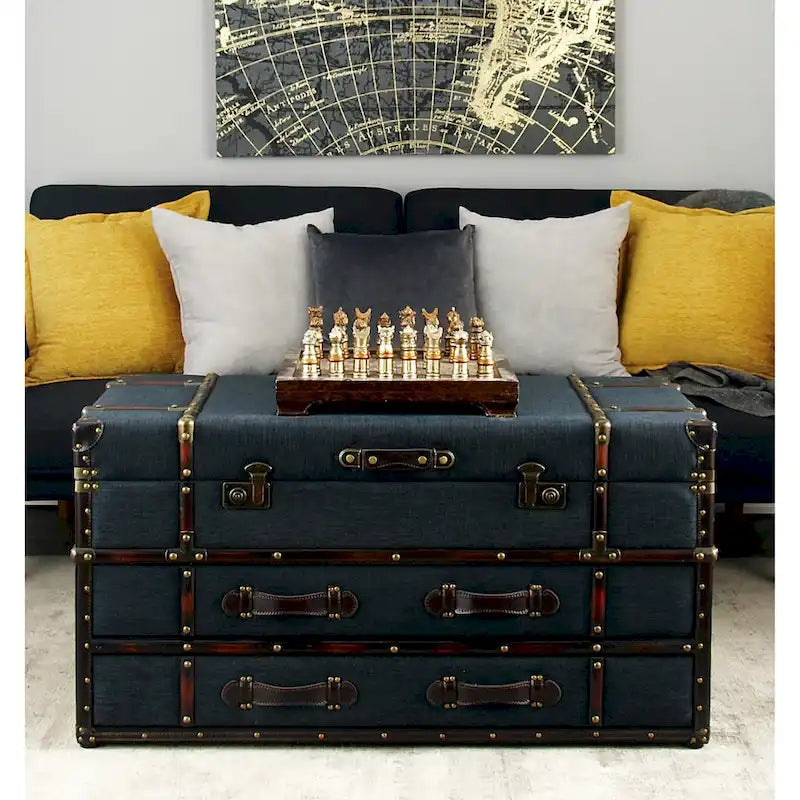 Roche River Decor Faux Leather or Linen Fabric Coffee Table Trunk with 2 Drawers and Buckle Hinged Top - Available in Dark Blue or Brown