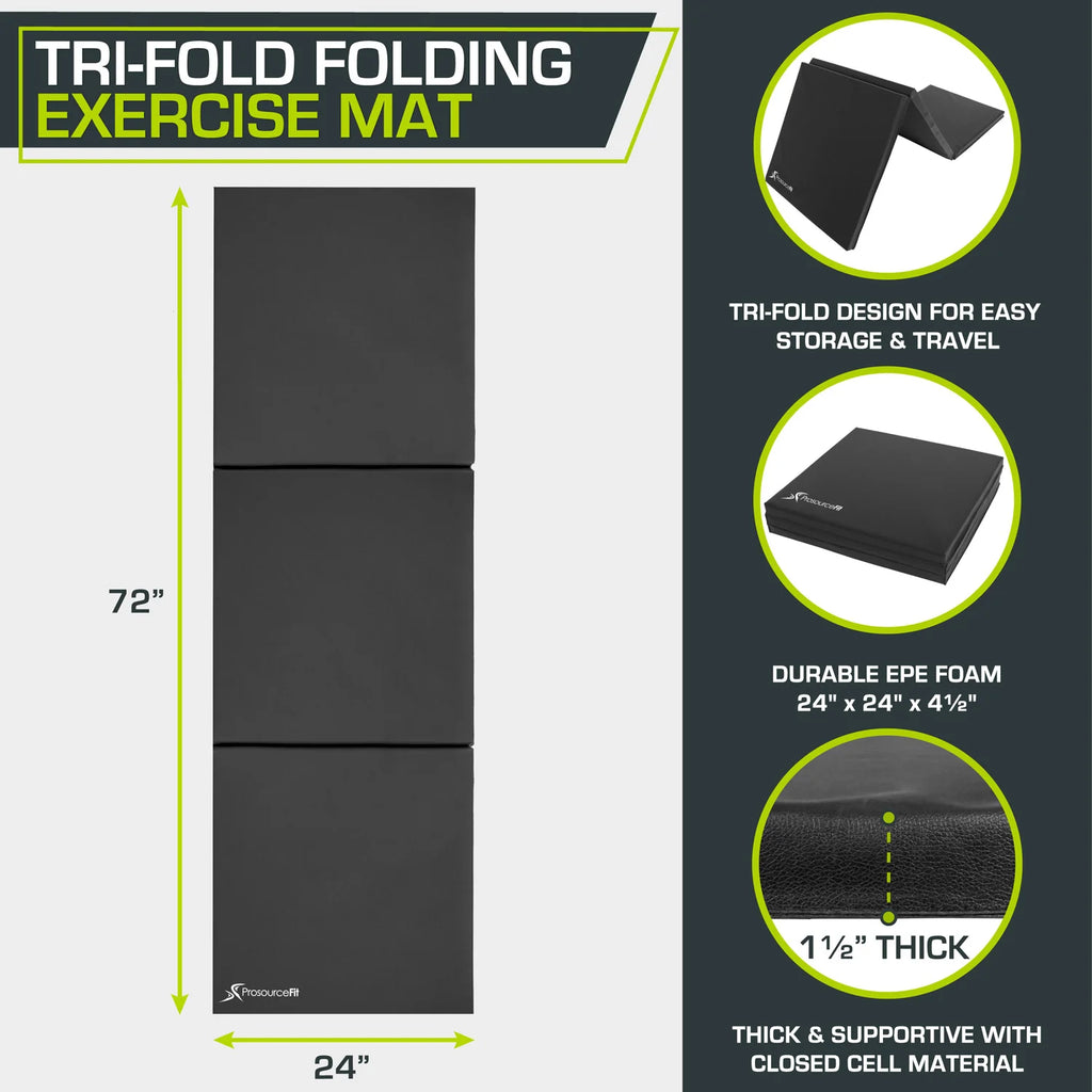 Tri-Fold Folding Exercise Mat 6x2x1.5 | Black / Single