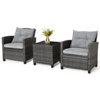 Gymax 3PCS Patio Rattan Sofa Set Outdoor Wicker Conversation Set Glass Tabletop w/ Grey Cushion
