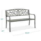 Best Choice Products Outdoor Steel Bench Garden Patio Porch Furniture W/ Floral Design Backrest - Black