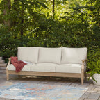 Signature Design by Ashley Clare View Coastal Outdoor Patio Eucalyptus Sofa with Cushions, Beige