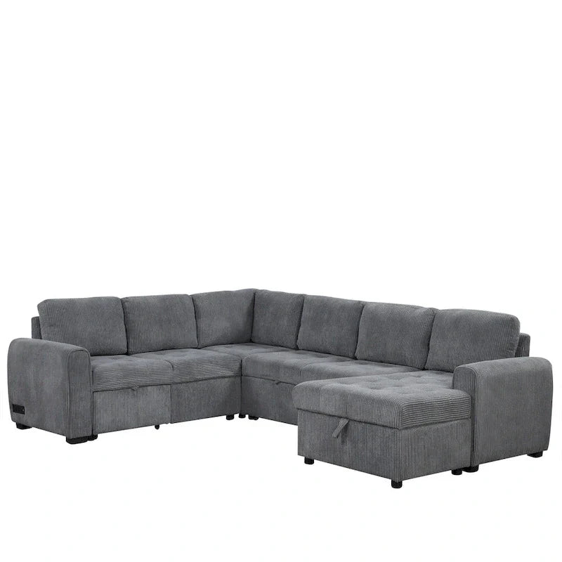 Roomfitters U-Shaped Sectional Sofa with Pull-Out Bed, Storage Chaise Lounge, and Integrated Charging Ports for Living Room