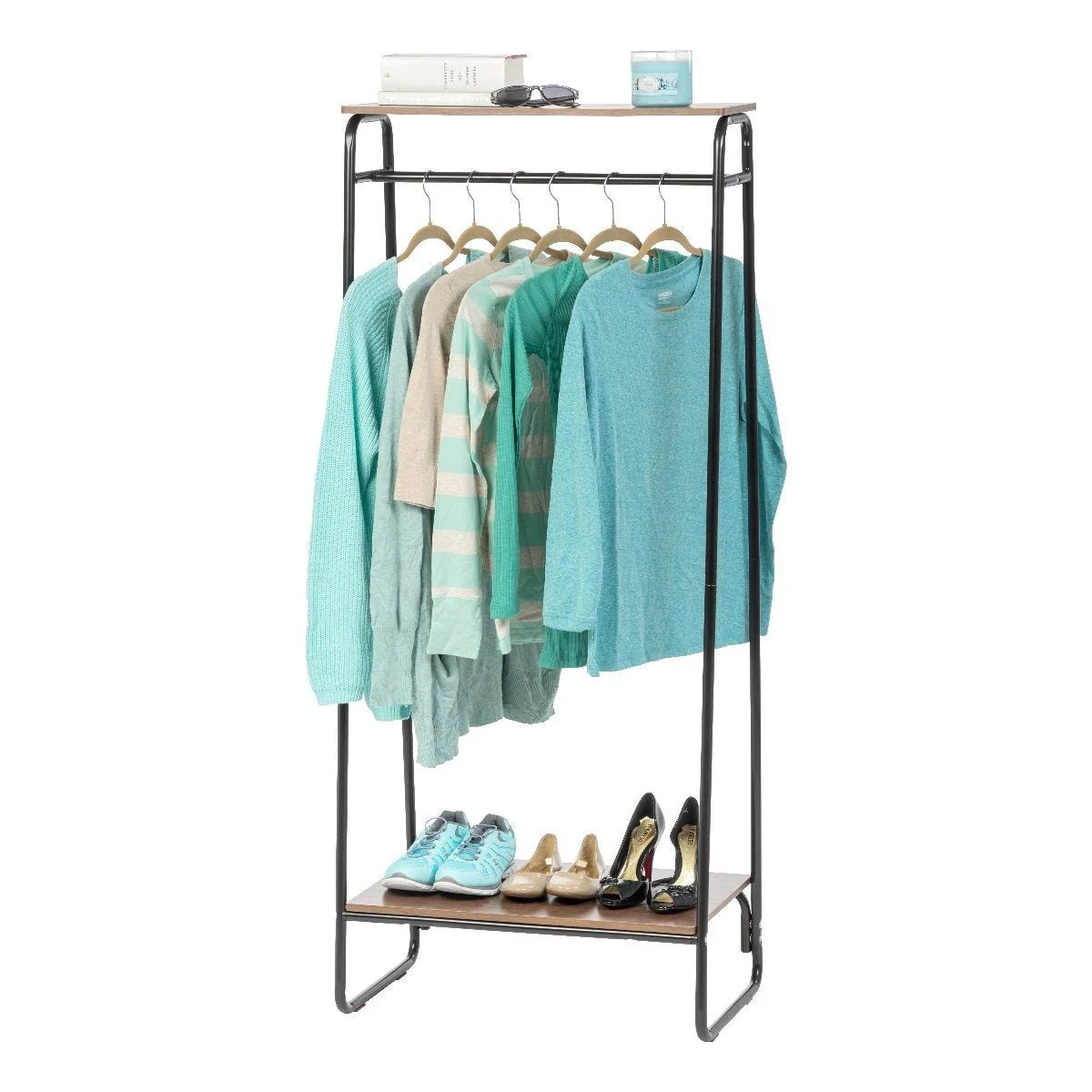Metal Garment Rack with Wood Shelf - 2 Shelf | Black