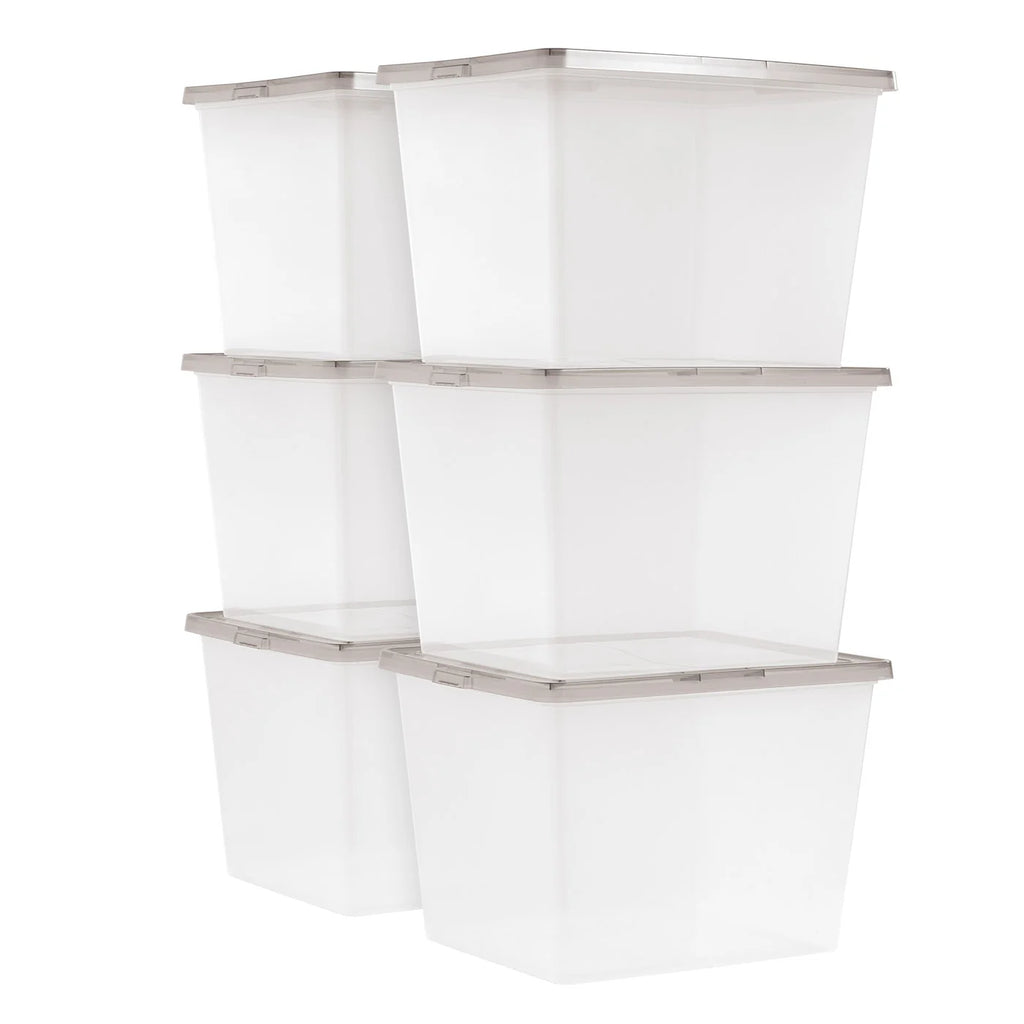 36 Qt. Stackable Box, Plastic Storage Bins with Lids, Clear, Gray Lid, Set of 6