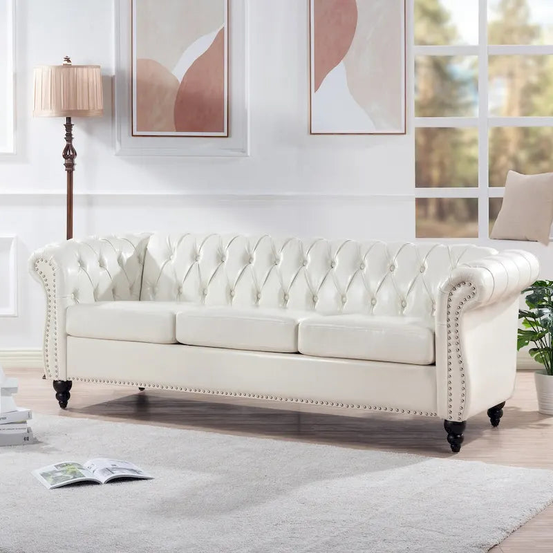 Cream 84.65 Traditional Chesterfield 3-Seater Sofa in PU Leather