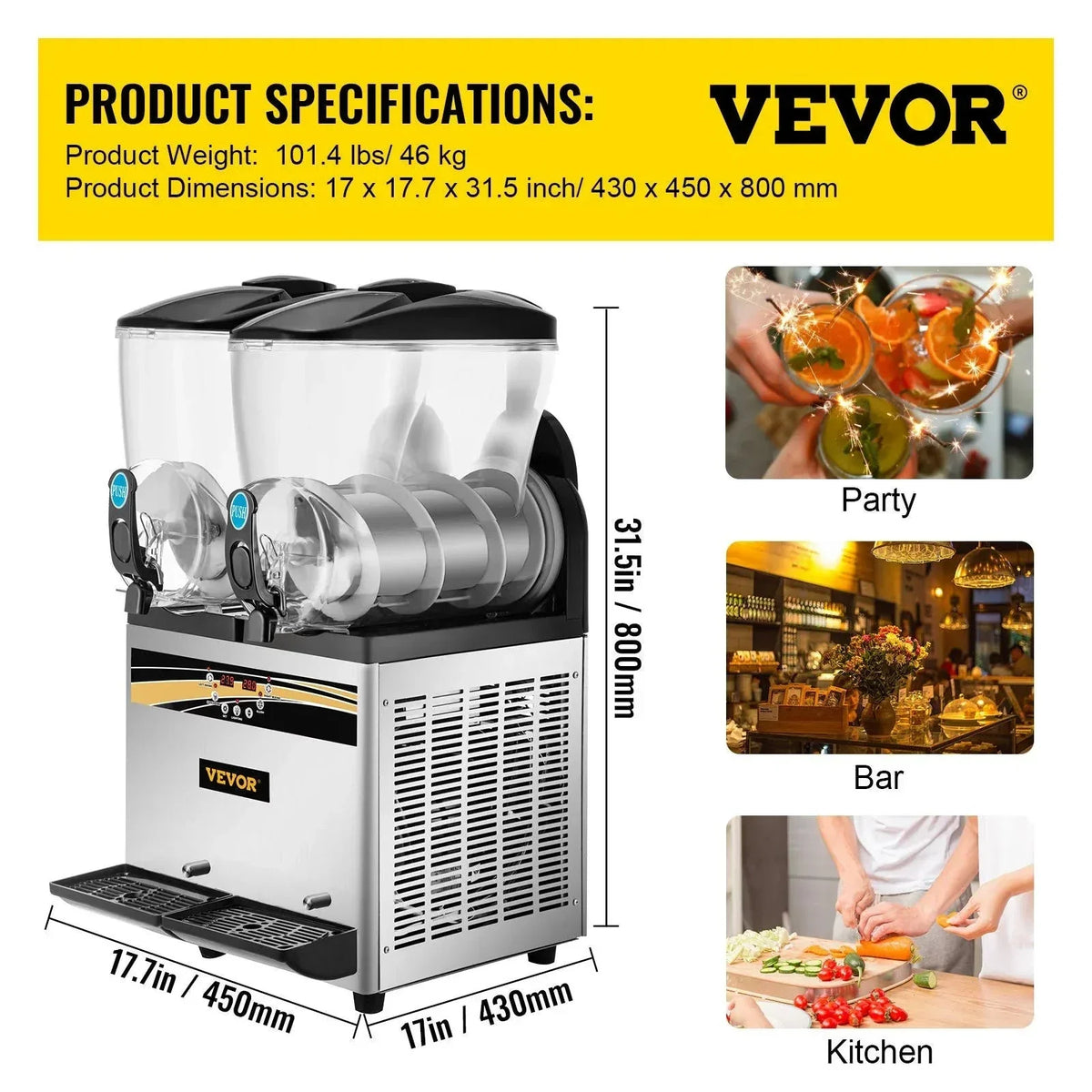 VEVOR Margarita Machine 15Lx2 Tank Commercial Slushy Machine Slushie Machine 1000W Commercial Margarita Maker Smoothie Frozen Drink Maker for