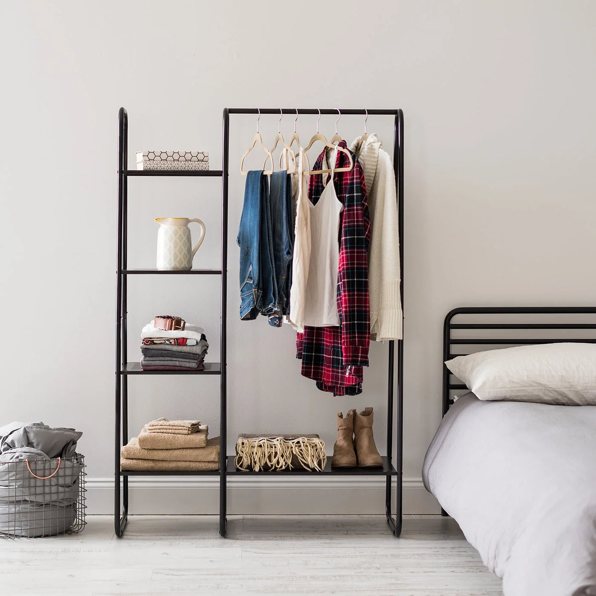 Metal Garment Rack with Metal Mesh Shelves | Black