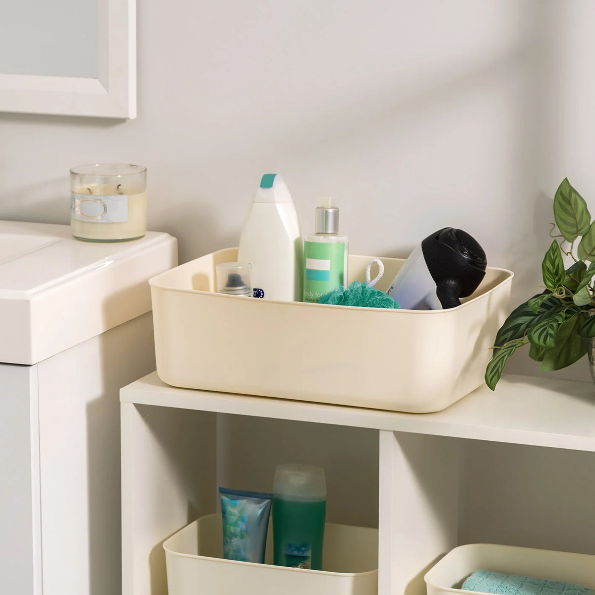 Medium Plastic Storage Organizer Basket, Off-White