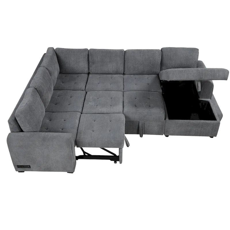 Roomfitters U-Shaped Sectional Sofa with Pull-Out Bed, Storage Chaise Lounge, and Integrated Charging Ports for Living Room
