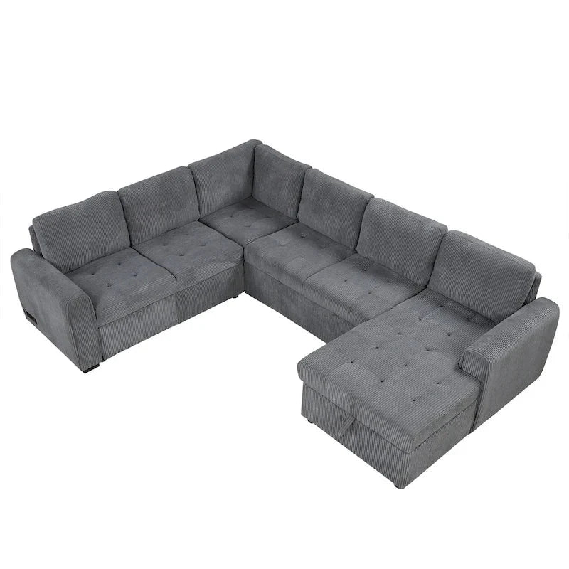 Roomfitters U-Shaped Sectional Sofa with Pull-Out Bed, Storage Chaise Lounge, and Integrated Charging Ports for Living Room
