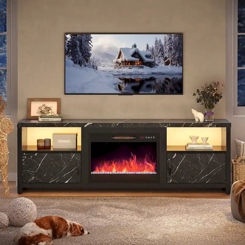 71-Inch TV Stand for 75-Inch TVs with LED Fireplace and Storage Cabinet
