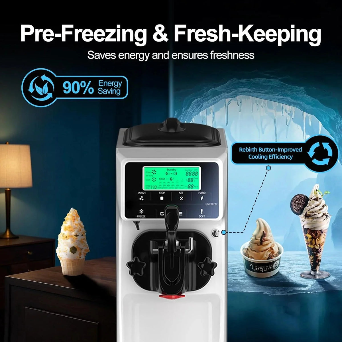 Soft Serve Ice Cream Machine 3.2 Gals Ice Cream Maker Machine Single Flavor Commercial Ice Cream Machine Countertop Soft Serve Ice Cream Maker with Pre-Cooling for Home Store School