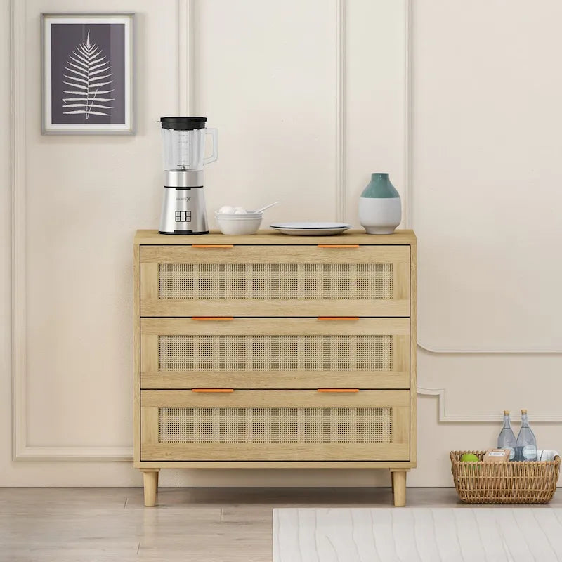 Oak Storage Cabinet with 3 Rattan Drawers - Dimensions: 31.5L x 15.55W x 30.12H
