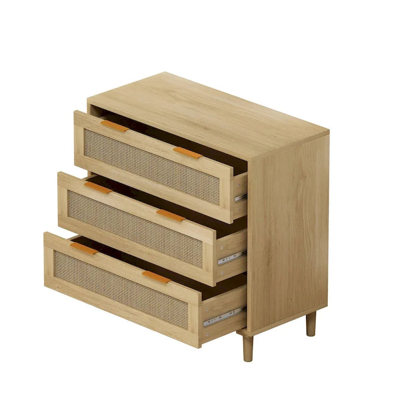 Oak Storage Cabinet with 3 Rattan Drawers - Dimensions: 31.5L x 15.55W x 30.12H