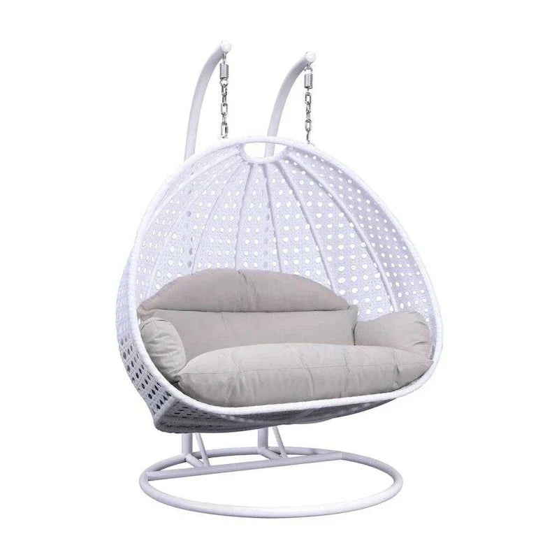 LeisureMod 2 Person Hanging Egg Chair with Stand - Outdoor/Indoor Rattan Wicker Patio Swing Hammock Lounger with Cushions