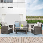 Wisteria Lane 4 Piece Outdoor Patio Furniture Sets, Wicker Conversation Set for Porch Deck, Grey Rattan Sofa Chair with Cushion Blue