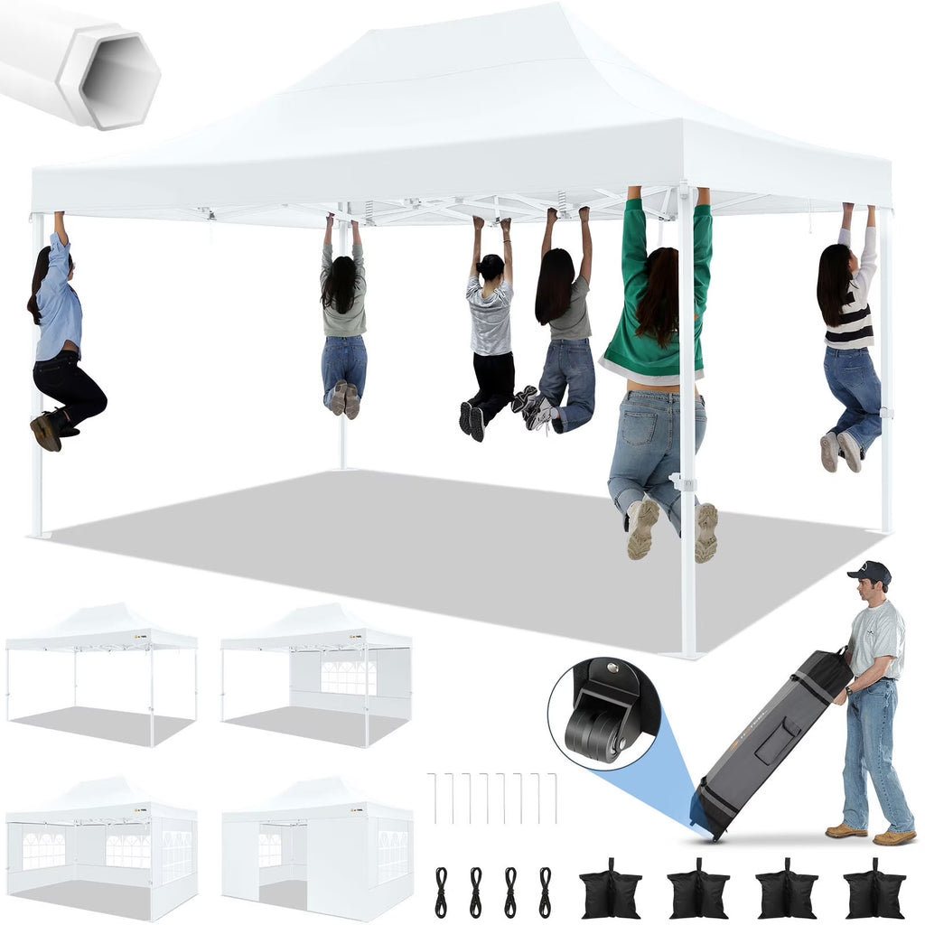 HOTEEL 10x15 Heavy Duty Canopy Tent - Commercial Pop Up with UV50+, Thick Hexagonal Frame, 4 Sidewalls, Anti-Pooling Design & Roller Bag (Black)