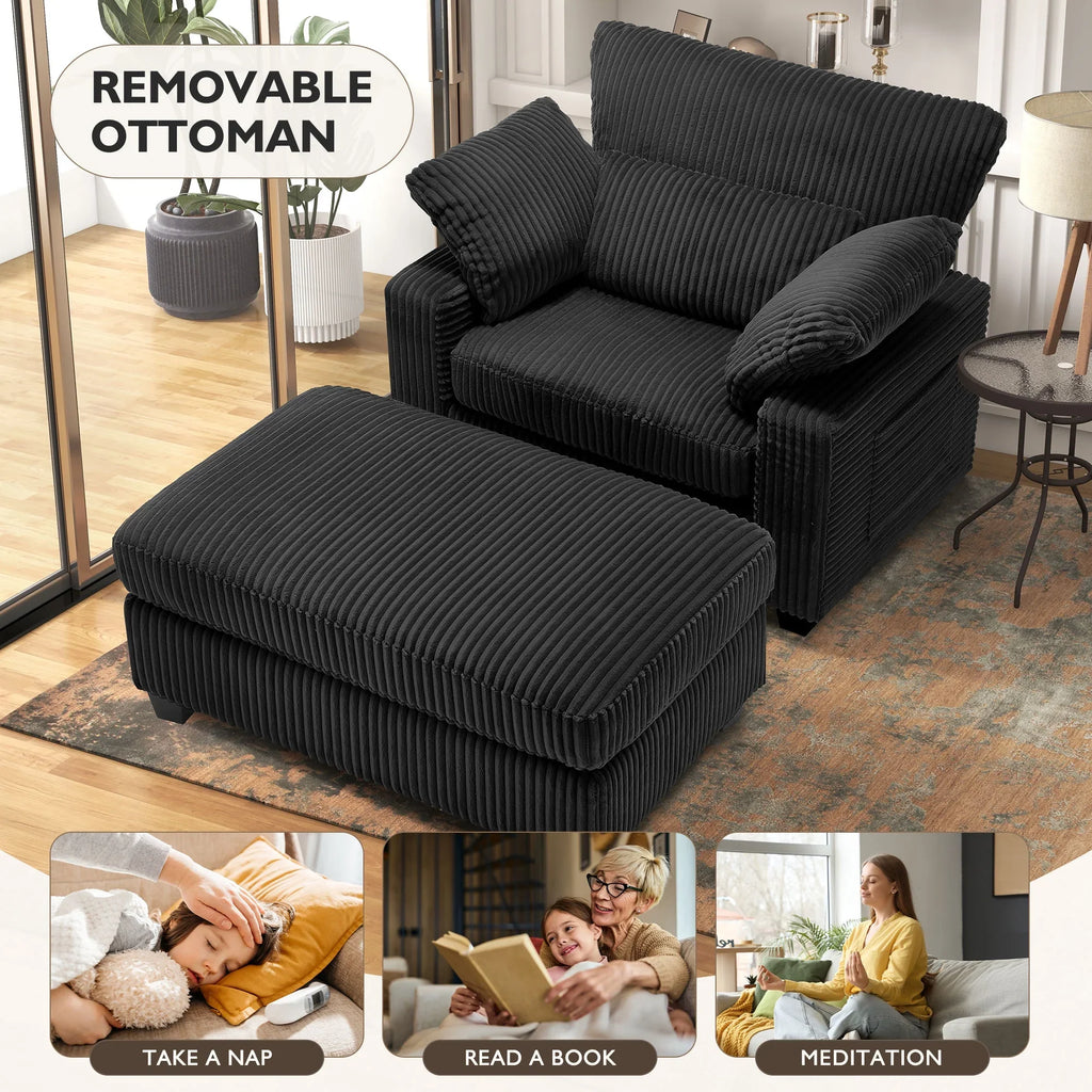 BedLuxury Oversized Accent Chair with Ottoman for Living Room, Single Sleeper Sofa Armchair with 3 Pillows, Lounge Sofa Bed, Green