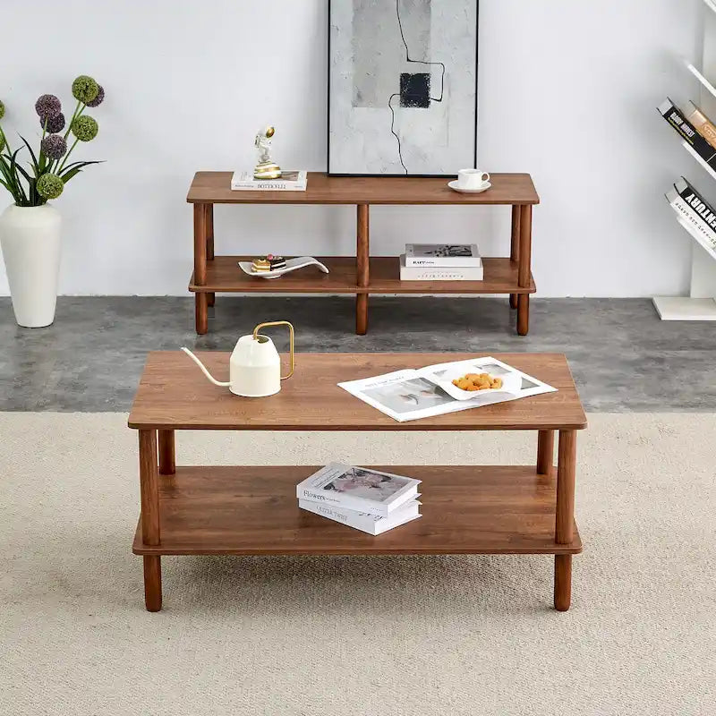 39-Inch Coffee Table with Two-Tier Design and Rubberwood Legs