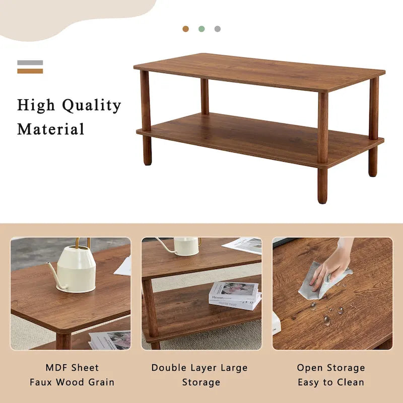 39-Inch Coffee Table with Two-Tier Design and Rubberwood Legs