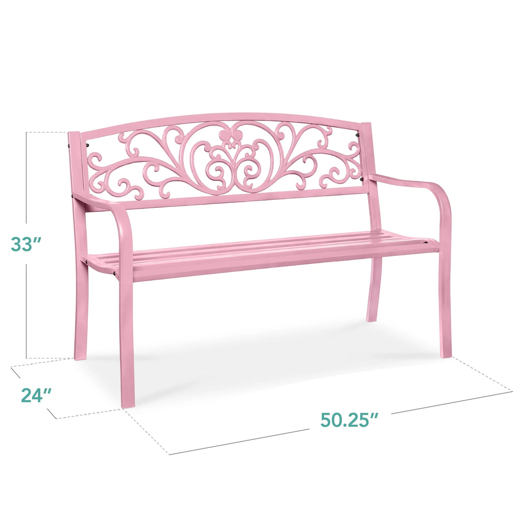 Best Choice Products Outdoor Steel Bench Garden Patio Porch Furniture W/ Floral Design Backrest - Black