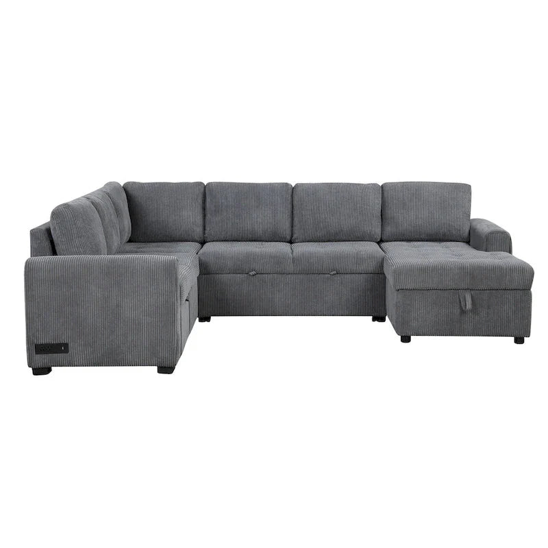 Roomfitters U-Shaped Sectional Sofa with Pull-Out Bed, Storage Chaise Lounge, and Integrated Charging Ports for Living Room