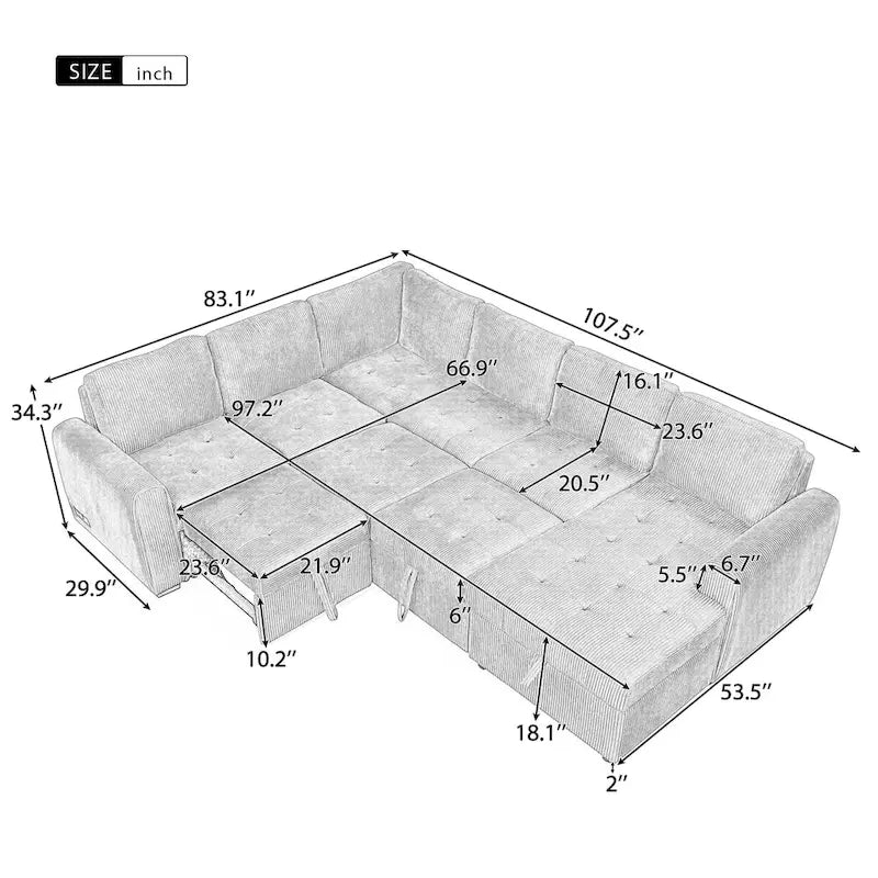 Roomfitters U-Shaped Sectional Sofa with Pull-Out Bed, Storage Chaise Lounge, and Integrated Charging Ports for Living Room