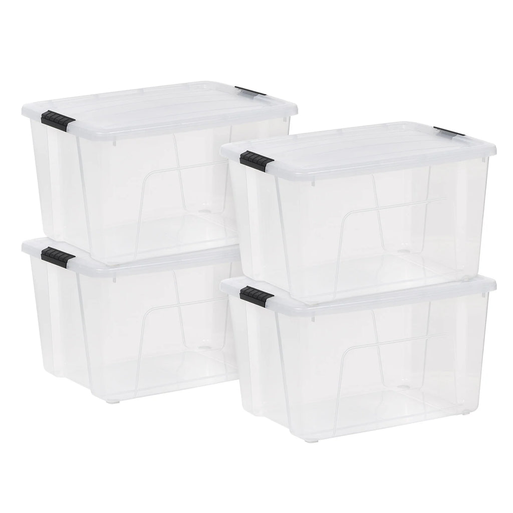 60 Qt. (15 Gal.) Clear Latch Box, Stackable Plastic Storage Bins with Lids, Set of 4