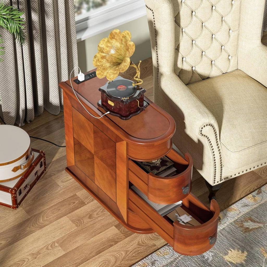 Solid Wood Chairside End Table, Two-Drawer Narrow Side Table Slim