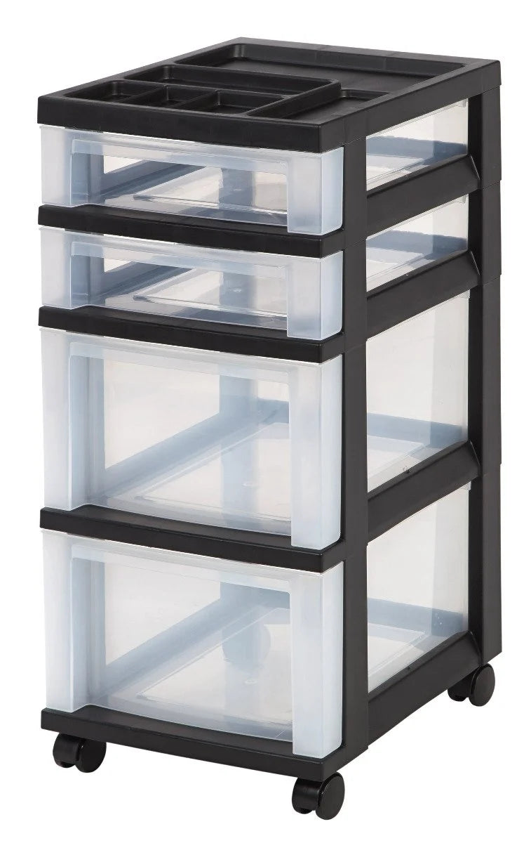 Storage Cart with Organizer Top - 4 Drawer | Black