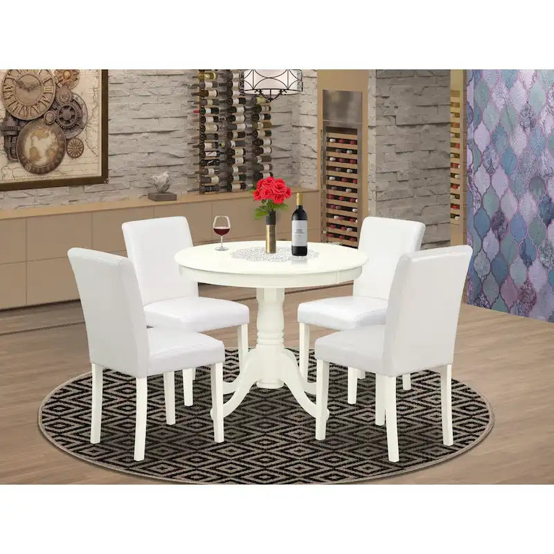 East West Furniture Round Dining Table Set - Kitchen Table with White Faux Leather Parson Chairs in Linen White (Various Piece Options)