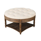 Round Storage Ottoman Coffee Table with Tufted Seat and Wooden Base