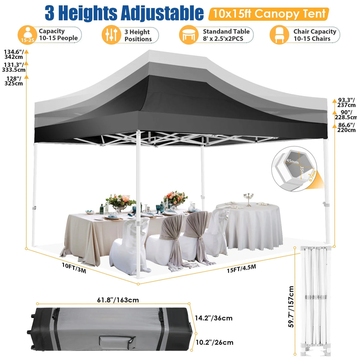 Hoteel 10x15 Heavy Duty Canopy Tent with 4 Sidewalls,Pop up Canopy for Parties Wedding,Commercial Easy up Gazebo with Roller Bag,UV 50+ &,Black