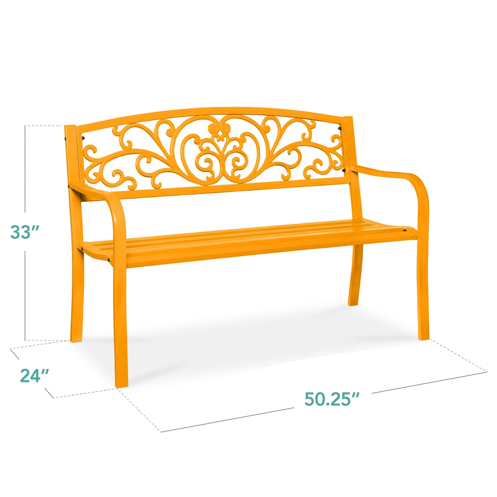 Best Choice Products Outdoor Steel Bench Garden Patio Porch Furniture W/ Floral Design Backrest - Black