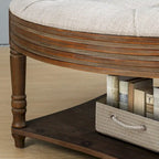 Round Storage Ottoman Coffee Table with Tufted Seat and Wooden Base