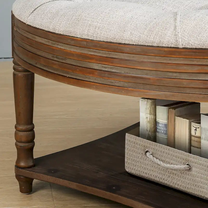 Round Storage Ottoman Coffee Table with Tufted Seat and Wooden Base