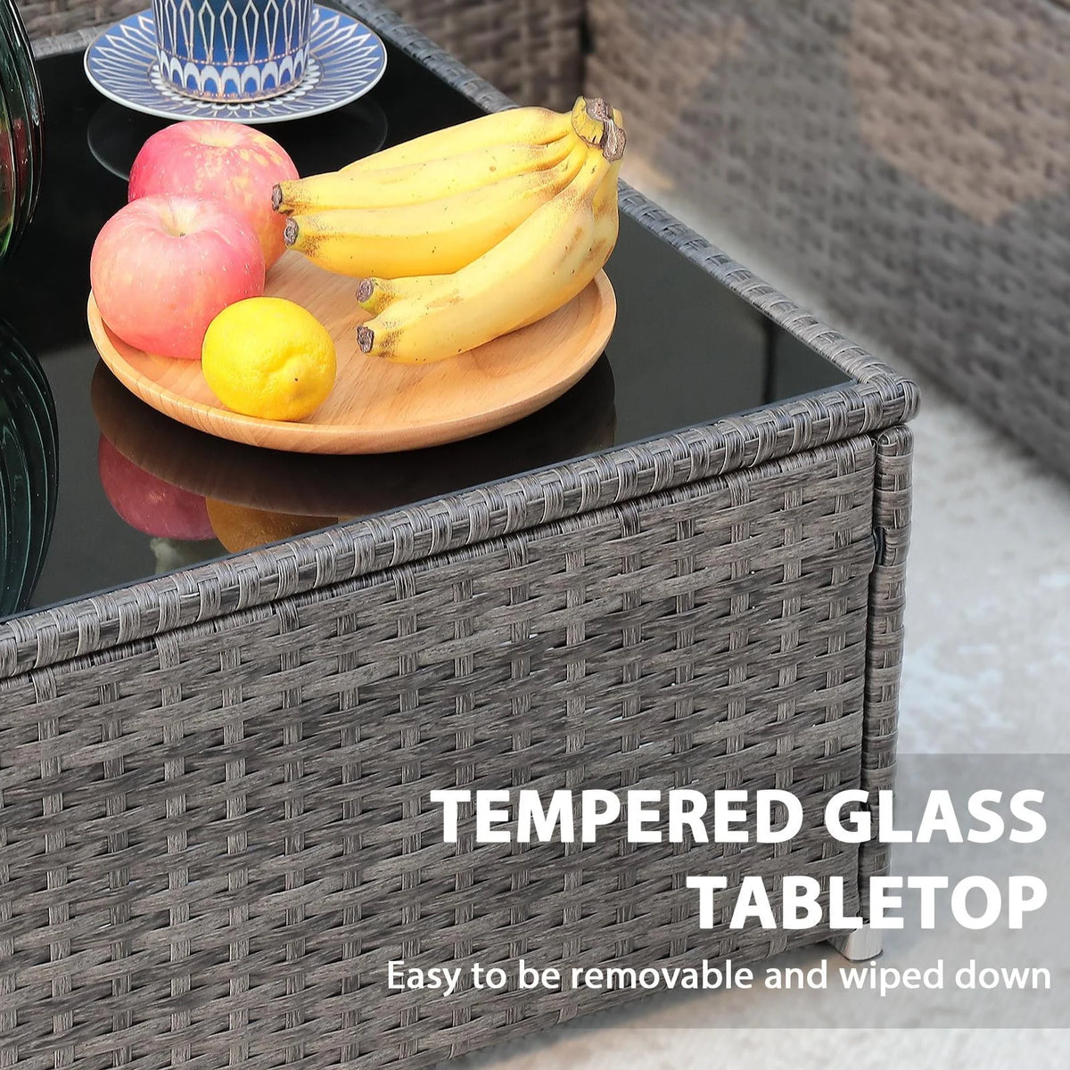 JOIVI 3 Pieces Patio Conversation Set, PE Wicker Rattan Outdoor Furniture Set, 2 Ways Small Sectional Sofa, Tempered Glass Coffee Table, Silver-Gray