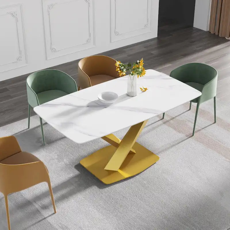 63-Inch Contemporary Dining Table with Slate Stone Surface and Metal Legs, Marble Finish