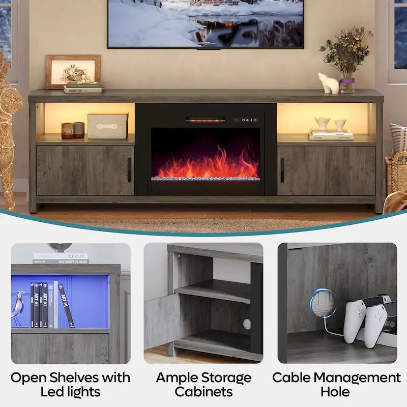 71-Inch TV Stand for 75-Inch TVs with LED Fireplace and Storage Cabinet