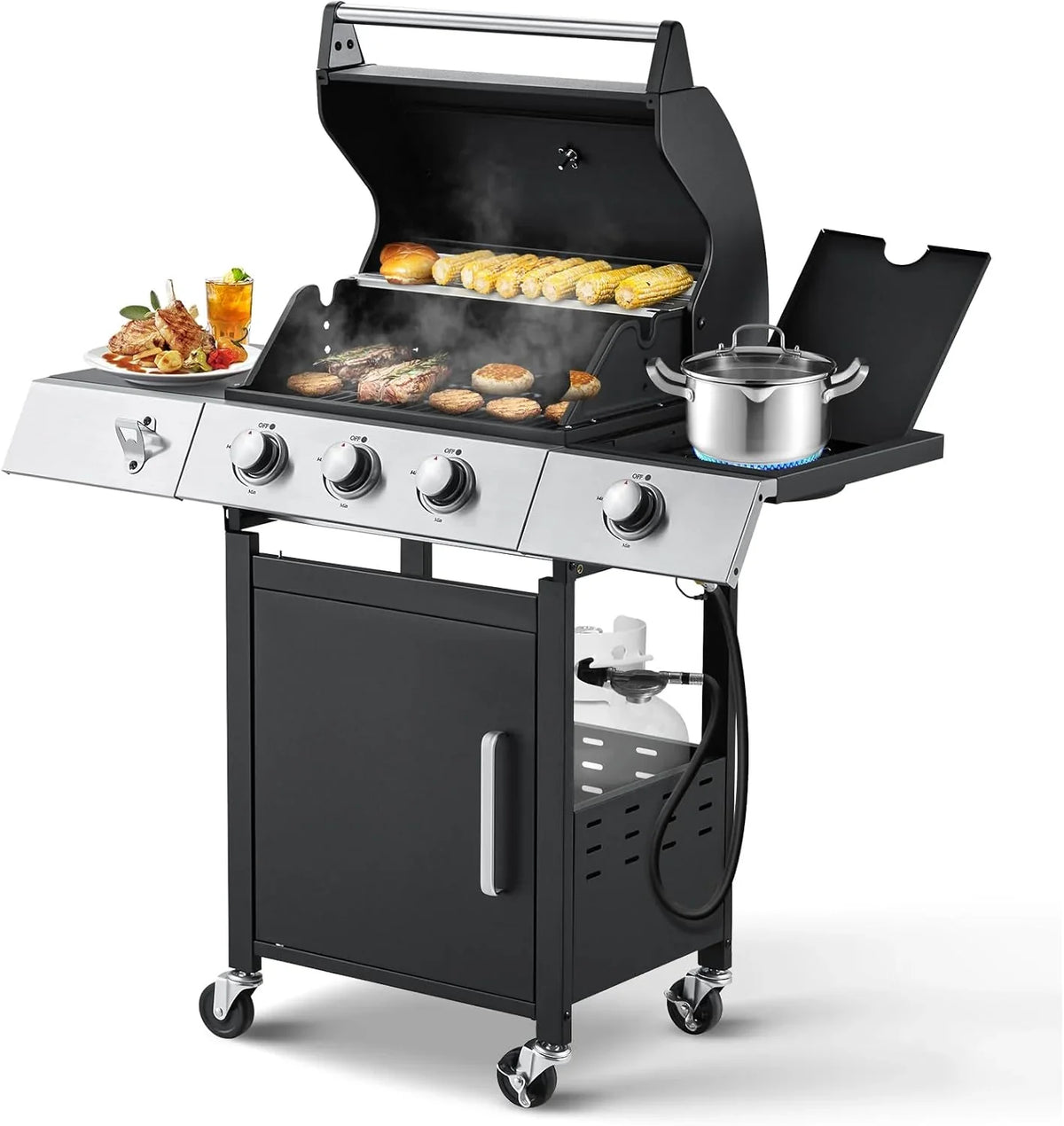 Upgraded 4 Burner BBQ Propane Gas Grill with Cast Iron Grates & Side Stove, 44,000 BTU Stainless Steel Burner Barbecue Grill for Patio, Camping, Outdoor Cooking.